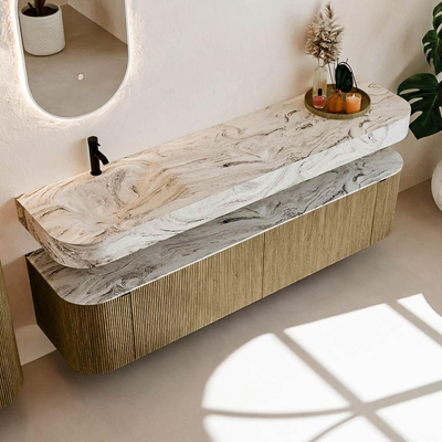 MONDIAZ THOR-DLUX Meuble de salle de bains 190cm arrondi gauche + droite couleur Dusk avec 2 tiroirs et 2 portes. Vasque suspendue CLOUD Gauche 1 trou de robinet couleur Glace.