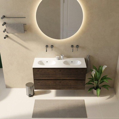 Saniclass Holz Pure Ensemble de meubles de salle de bains - 120x45x74cm - lavabo Chaci en céramique blanc - 2 vasques - sans trous de robinetterie - 4 tiroirs - chêne charcoal mat (bois)