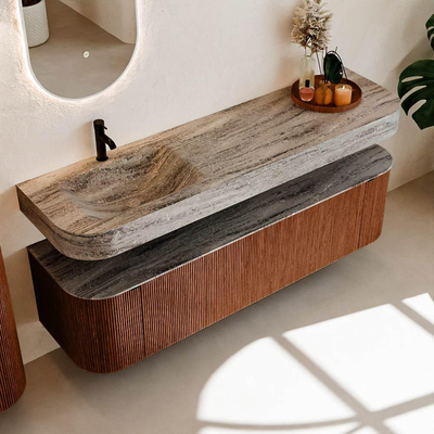 MONDIAZ THOR-DLUX Meuble de salle de bains 170cm arrondi gauche + droite couleur Ruby avec 1 tiroir et 2 portes. Vasque suspendue CLOUD Gauche 1 trou de robinet couleur Oza.