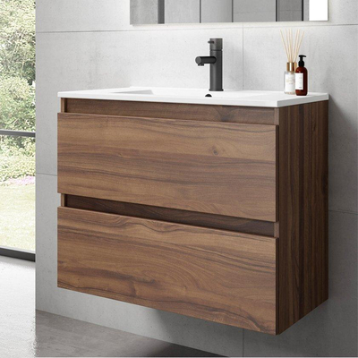 Saniclass Chaci Meuble de salle de bain - 60x46x55cm - lavabo en céramique blanc - 1 vasque - 1 trou de robinet - 2 tiroirs - noyer (hout)
