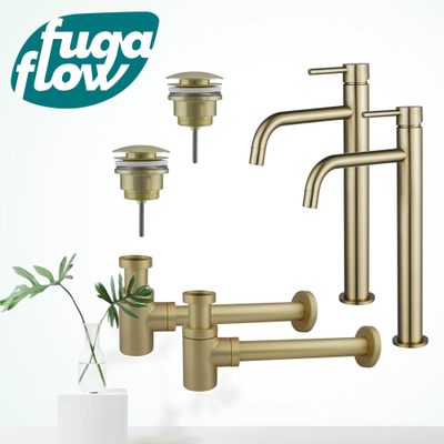 FugaFlow Eccelente Sobrado Badkamer Slim Wastafelkraanset - voor dubbele wastafel - verhoogde wastafelkraan - klikwaste plug - verlaagde design sifon - PVD Geborsteld Messing