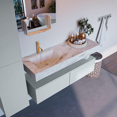 Mondiaz ALAN-DLUX Ensemble de meuble - 130cm - meuble Clay mat - 2 tiroirs - Lavabo Cloud Frappe suspendu - vasque Gauche - 1 trou de robinet