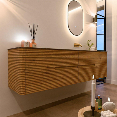 Mondiaz CIRO-DLUX Ensemble de meubles de salle de bains - 180x45x50cm - Plan vasque solid surface Oza - 1 vasque à droite - sans trous de robinet - 4 tiroirs - Chêne