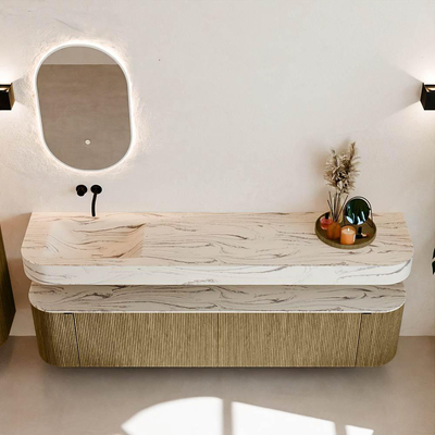 MONDIAZ THOR-DLUX 200cm meuble de salle de bains arrondi gauche + droite couleur Dusk avec 2 tiroirs et 2 portes. Vasque suspendue CLOUD Gauche sans trou de robinet couleur Nata.