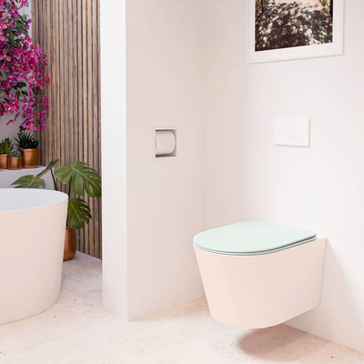 Mondiaz LAVIE hangtoilet – spoelrandloos – 36 x 53 cm – met softclose zitting – Rosee (roze), zitting Greey (lichtgroen/grijs)