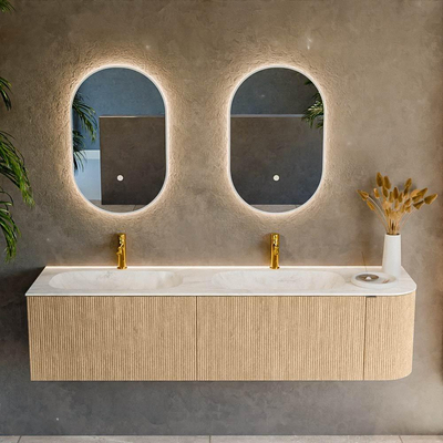 MONDIAZ KURVE-DLUX meuble de salle de bains 175cm avec module 25 R couleur chêne avec 2 tiroirs et 1 porte. Lavabo STOR SMALL double / gauche 2 trous de robinet couleur Ostra.
