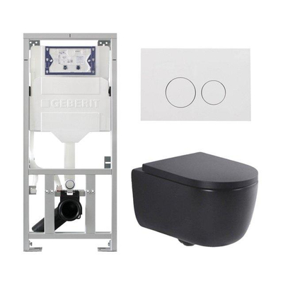 QeramiQ Dely Swirl Toiletset - 36.3x51.7cm - Geberit UP320 inbouwreservoir - met Burda frame - 35mm zitting - glans witte bedieningsplaat - ronde knoppen - mat zwart