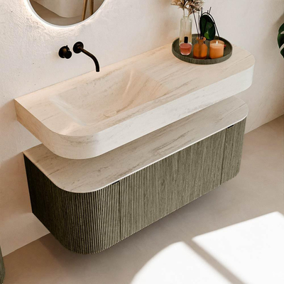 MONDIAZ THOR-DLUX 120cm meuble de salle de bains arrondi gauche + droite couleur Shadow avec 1 tiroir et 2 portes. Vasque suspendue CLOUD Gauche sans trou de robinet couleur Meli.