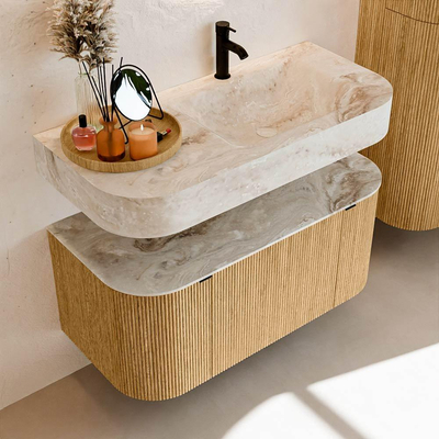 MONDIAZ THOR-DLUX 100cm badmeubel ronding links + rechts kleur Oak met 1 lade en 2 deuren. Vrijhangende wastafel CLOUD Rechts 1 kraangat kleur Frappe.