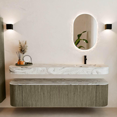 MONDIAZ THOR-DLUX Meuble de salle de bains 180cm arrondi gauche + droite couleur Shadow avec 2 tiroirs et 2 portes. Vasque suspendue CLOUD Droite 1 trou de robinet couleur Glace.