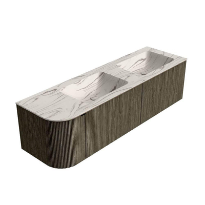 MONDIAZ KURVE-DLUX Meuble de salle de bains 155 cm arrondi à gauche couleur Shadow avec 2 tiroirs et 1 porte. Lavabo LEAF Double / à droite sans trou de robinet Nata.