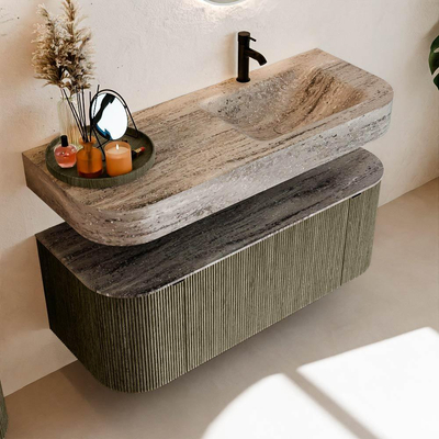 MONDIAZ THOR-DLUX 120cm meuble de salle de bains arrondi gauche + droite couleur Shadow avec 1 tiroir et 2 portes. Vasque suspendue CLOUD Droite 1 trou de robinet couleur Oza.