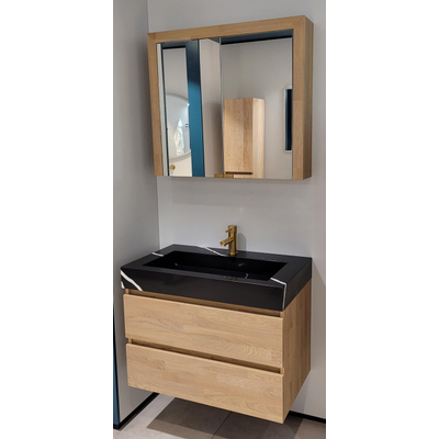 BRAUER Joy wastafelonderkast 80 inclusief wastafel en spiegelkast - massief eiken - vingerlas eiken grijs SHOWROOMMODEL