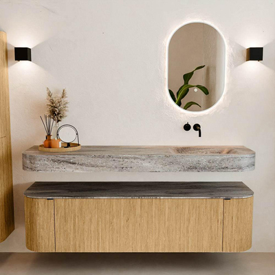 MONDIAZ THOR-DLUX Meuble de salle de bains - 170cm - arrondi gauche + droite - couleur Oak - 1 tiroir - 2 portes - Vasque suspendue CLOUD Droite sans trou de robinet - couleur Oza