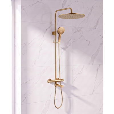 Fortifura Calvi Regendoucheset - thermostatisch - 30cm hoofddouche - metalen slang - ronde handdouche - draaibare baduitloop - PVD - geborsteld messing (goud)