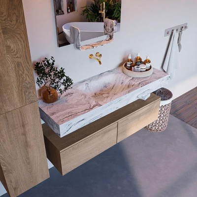 Mondiaz ALAN-DLUX Ensemble de meuble - 130cm - meuble Washed Oak mat - 2 tiroirs - Lavabo Cloud Glace suspendu - vasque Centre - 0 trous de robinet