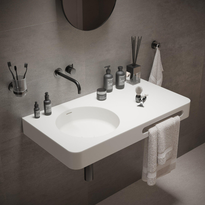 Ideavit Solidbrio Wastafel 90x48x10cm rechthoek 0 kraangaten 1 wasbak met handdoekhouder Solid surface wit