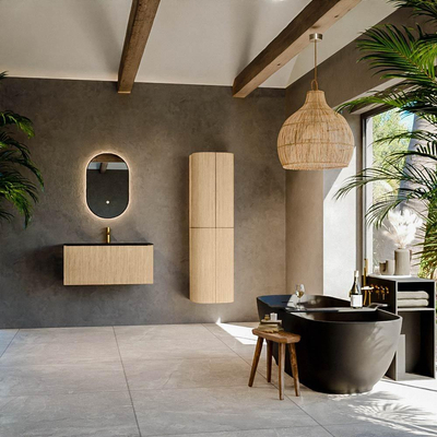 MONDIAZ KURVE 90cm Meuble salle de bain - couleur Oak - 1 tiroir - vasque BIG SMALL centre - 1 trou de robinet - Urban