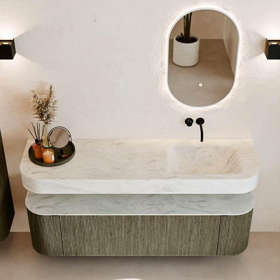 MONDIAZ THOR-DLUX 160cm meuble de salle de bains arrondi gauche + droite couleur Shadow avec 1 tiroir et 2 portes. Vasque suspendue CLOUD Droite sans trou de robinet couleur Opalo.