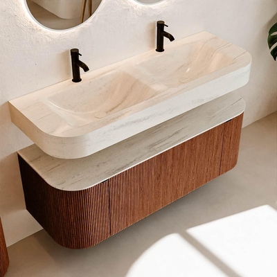 MONDIAZ THOR-DLUX 130cm meuble de salle de bains arrondi gauche + droite couleur Ruby avec 1 tiroir et 2 portes. Vasque suspendue CLOUD Double 2 trous de robinet couleur Meli.