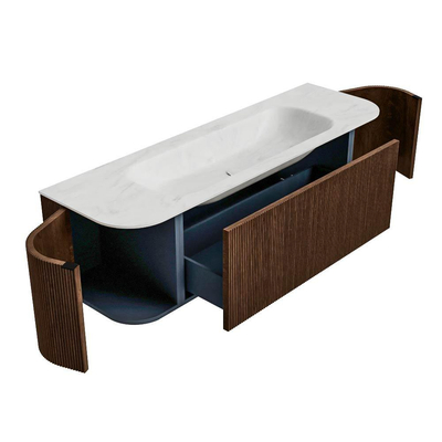 MONDIAZ KURVE-DLUX meuble de salle de bains 150 cm avec module 25 Len R couleur Walnut avec 1 tiroir et 2 portes. Lavabo BIG MEDIUM central 1 trou de robinet couleur Opalo.