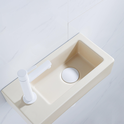QeramiQ Lave-mains Kit lave-mains - 37.5x18.5x9cm - céramique - trou de robinet gauche - robinet lave-mains mat blanc - bonde de vidage - siphon abaissé - Mat Beige