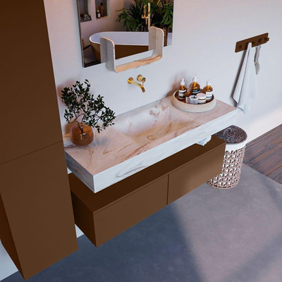 Mondiaz ALAN-DLUX Ensemble de meuble - 120cm - meuble Rust mat - 2 tiroirs - Lavabo Cloud Frappe suspendu - vasque Centre - 0 trous de robinet