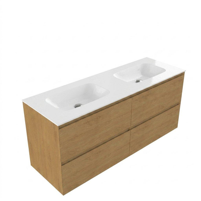 Saniclass Holz Pure Ensemble de meubles de salle de bains - 140x45x61.5cm - lavabo Flow en solid surface blanc - 2 vasques - sans trous de robinetterie - 4 tiroirs - chêne naturel mat (bois)