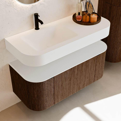 MONDIAZ THOR 110cm meuble de salle de bains arrondi gauche + droite couleur Walnut avec 1 tiroir et 2 portes. Vasque suspendue CLOUD gauche 1 trou de robinet couleur Talc.