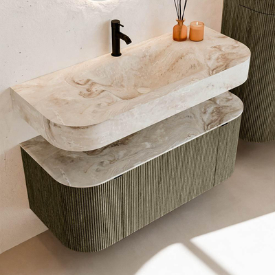 MONDIAZ THOR-DLUX Meuble de salle de bains 110cm arrondi gauche + droite couleur Shadow avec 1 tiroir et 2 portes. Vasque suspendue CLOUD Milieu 1 trou de robinet couleur Frappe.