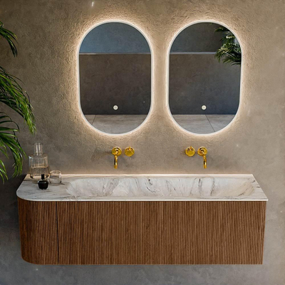 MONDIAZ KURVE-DLUX 145cm Meuble salle de bain avec module 25 G - couleur Walnut - 1 tiroir - 1 porte - vasque BIG LARGE droite - sans trou de robinet - couleur Glace