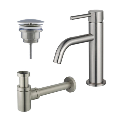 FugaFlow Eccelente Sobrado Slim Slim Kit mitigeur lavabo - robinet bas - bonde non-obturable - siphon design bas - PVD Inox brossé