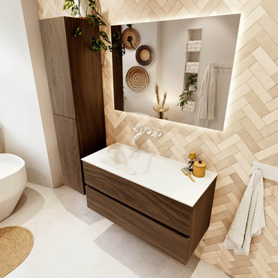 MONDIAZ VICA Ensemble meuble de salle de bains - 100x50cm - 2 tiroirs - Mocha - lavabo CLOUD gauche - sans trou de robinet - Talc
