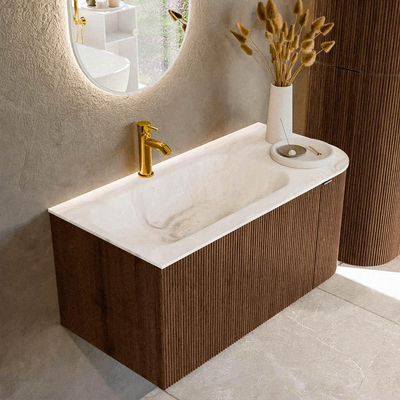 MONDIAZ KURVE-DLUX 95cm badmeubel met module 25 R kleur Walnut met 1 lade en 1 deur. Wastafel BIG SMALL links 1 kraangat kleur Frappe.