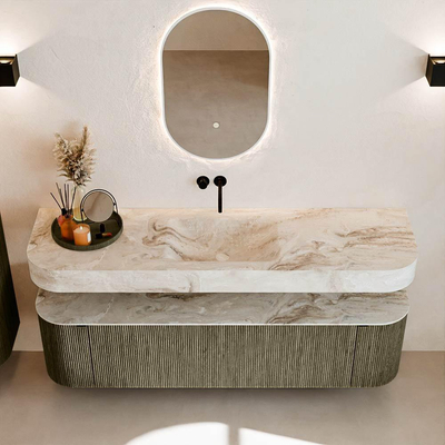 MONDIAZ THOR-DLUX 170cm meuble de salle de bains arrondi gauche + droite couleur Shadow avec 1 tiroir et 2 portes. Vasque suspendue CLOUD Milieu sans trou de robinet couleur Frappe.