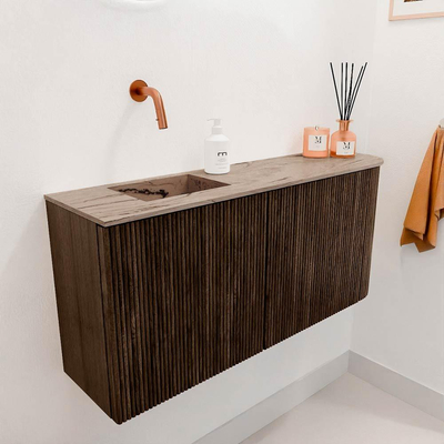 Mondiaz JOYA-DLUX 91.6cm toiletmeubel - ronding rechts kleur Walnut - Wastafel FAYE positie Links Zonder kraangat kleur Arena.