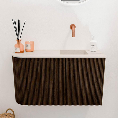 Mondiaz JOYA-DLUX 71.6cm toiletmeubel - ronding links kleur Walnut - Wastafel FAYE positie Rechts Zonder kraangat kleur Meli.