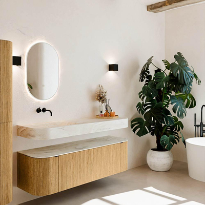 MONDIAZ THOR-DLUX 150cm meuble de salle de bains arrondi gauche + droite couleur Chêne avec 1 tiroir et 2 portes. Vasque suspendue CLOUD Gauche sans trou de robinet couleur Ostra.