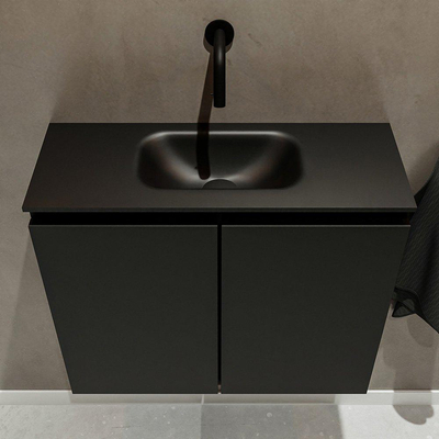 MONDIAZ TURE Fonteinset - 60x23x50cm - 0 kraangaten - 2 deuren - urban mat - Wasbak midden - Solid Surface Zwart