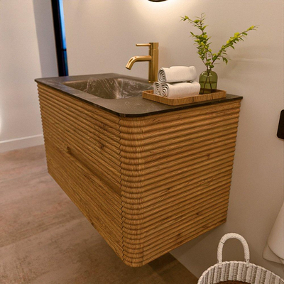 Mondiaz CIRO-DLUX Badkamermeubelset - 90x45x50cm - Solid surface wastafel Lava - 1 wasbak Midden - 1 kraangat - 2 lades - Oak