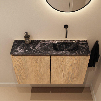 MONDIAZ TURE-DLUX Meuble WC 80 cm Washed Oak. Lavabo EDEN Lava position droite. Sans trou de robinet.