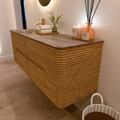 Mondiaz CIRO-DLUX Badkamermeubelset - 140x45x50cm - Solid surface wastafel Oza - 1 wasbak Links - 1 kraangat - 4 lades - Oak