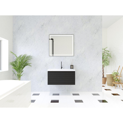 HR Matrix ensemble meuble de salle de bain 3d 80cm 1 tiroir sans poignée avec bandeau couleur noir mat avec vasque djazz 1 trou pour robinet blanc