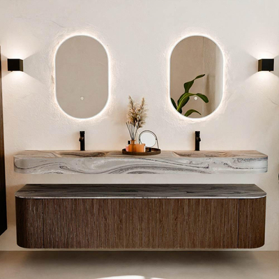 MONDIAZ THOR-DLUX 200cm meuble de salle de bains arrondi gauche + droite couleur Walnut avec 2 tiroirs et 2 portes. Vasque suspendue CLOUD Double 2 trous de robinet couleur Sombra.