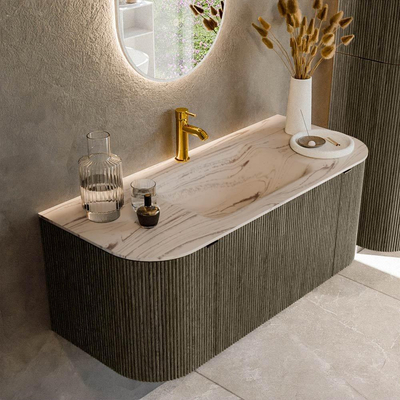 MONDIAZ KURVE-DLUX Meuble de salle de bains 110cm arrondi Gauche + Droite couleur Shadow avec 1 tiroir et 2 portes. Lavabo CLOUD Central 1 trou de robinet Nata.