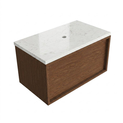 Saniclass Holz Frame Ensemble de meubles de salle de bains - 80x45x43cm - plan vasque en marbre Dia poli (blanc) - sans trou de robinetterie - 1 tiroir - noyer pure mat (bois)