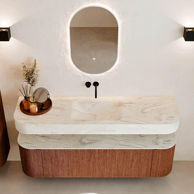 MONDIAZ THOR-DLUX 160cm meuble de salle de bains arrondi gauche + droite couleur Ruby avec 1 tiroir et 2 portes. Vasque suspendue CLOUD Milieu sans trou de robinet couleur Ostra.