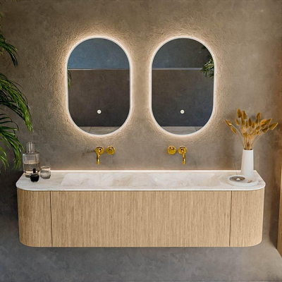 MONDIAZ KURVE-DLUX 170cm Meuble salle de bain avec module 25 G et D - couleur Oak - 1 tiroir - 2 portes - vasque LEAF double - sans trou de robinet - couleur Frappe