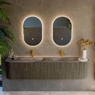 MONDIAZ KURVE-DLUX Meuble de salle de bains 190cm arrondi gauche + droite couleur Shadow avec 2 tiroirs et 2 portes. Vasque STOR SMALL Double 2 trous de robinet Oza.