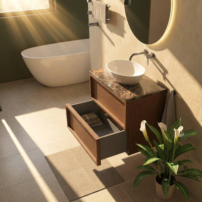 Saniclass Holz Frame Ensemble meuble de salle de bains - 80x45x63cm - Plan de travail en pierre naturelle Noche dark emperador - sans trou de robinet - 2 tiroirs - walnut pure mat (bois)